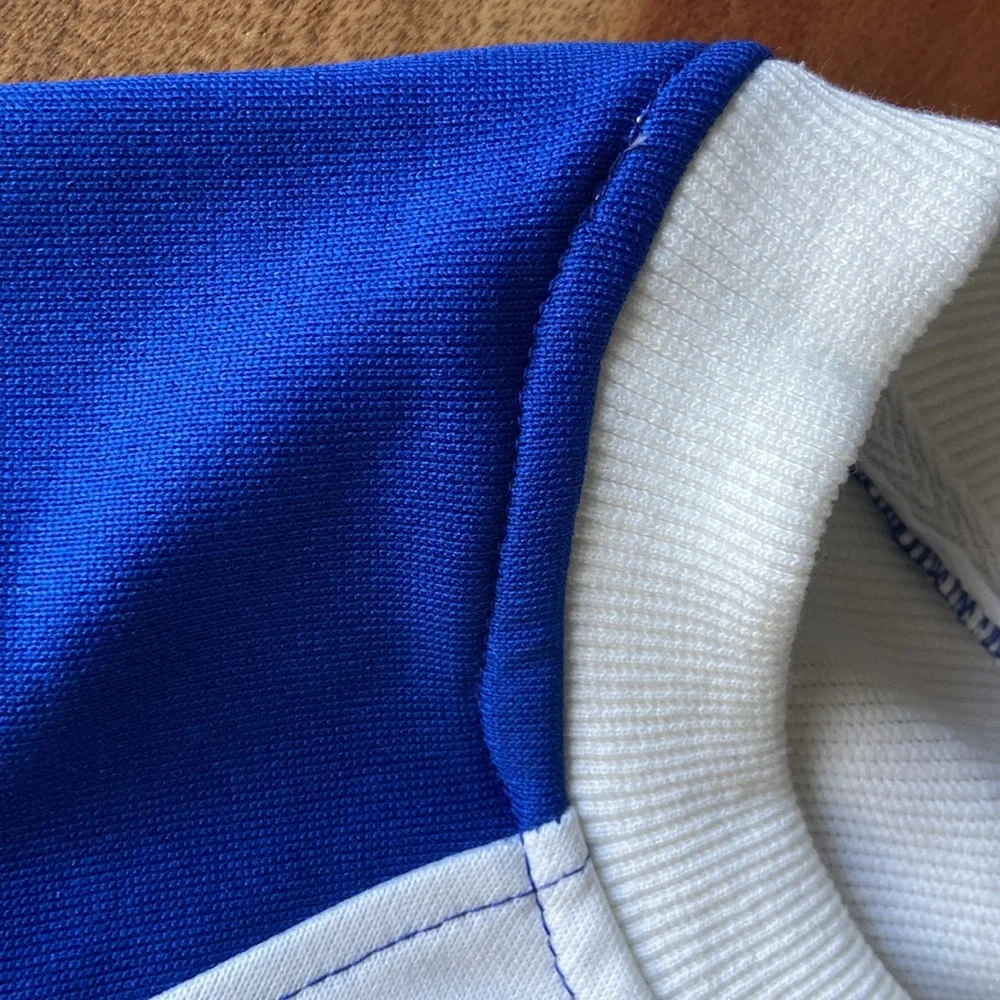 pieced sweatshirt top trendy mixed media long sleeve embroidered blue white M - Picture 14 of 16